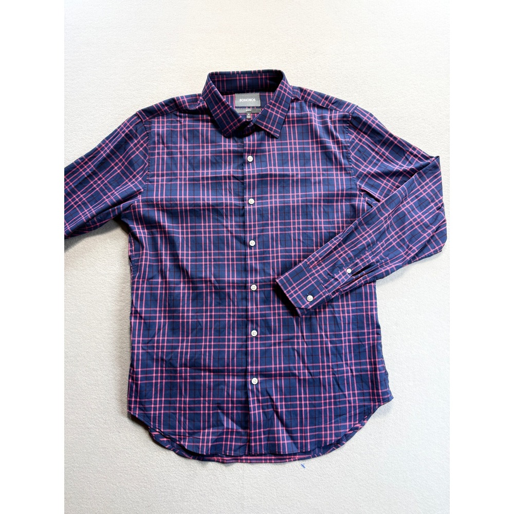 Bonobos Button Down Shirt Mens Medium Blue Pink Plaid Slim Fit Long Sleeve
